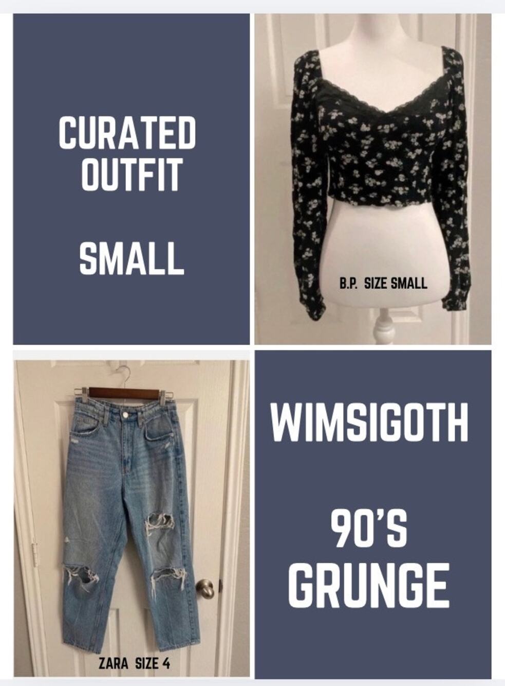 90s Grunge Whimsigoth Set BP Floral Crop Top Zara Distressed Jeans Size4 Small